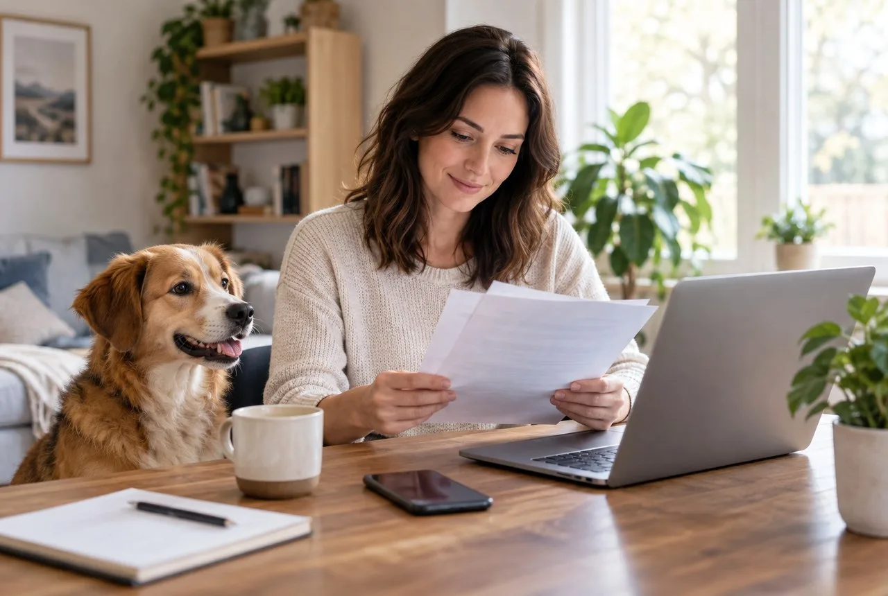 Owner reviewing documents and laptop beside brown dog